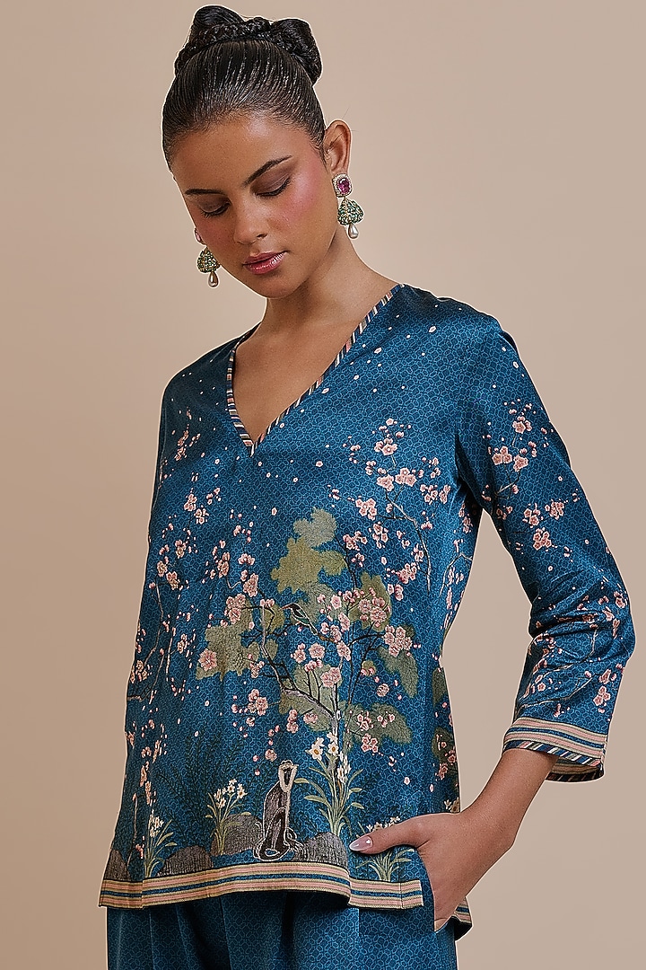 Midnight Blue Cotton Satin Linen Printed Co-Ord Set by JJV.Kapurthala By JJ Valaya at Pernia's Pop Up Shop