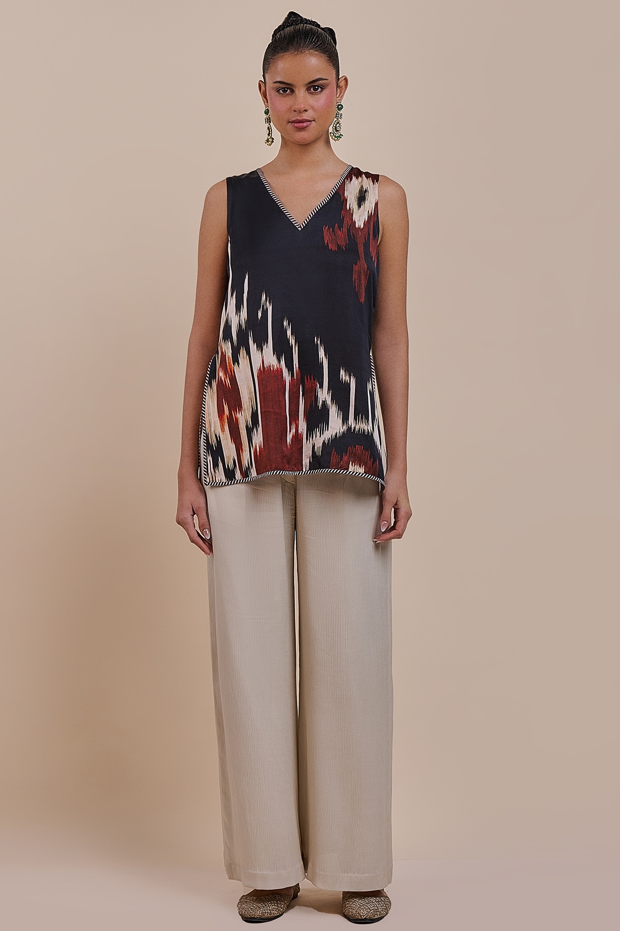 JJV.Kapurthala By JJ Valaya Ivory Cotton Satin Linen & Viscose Printed Co-Ord Set