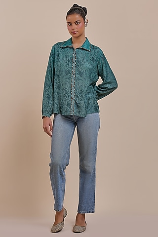 Green Cupro Viscose Printed Top by JJV.Kapurthala By JJ Valaya