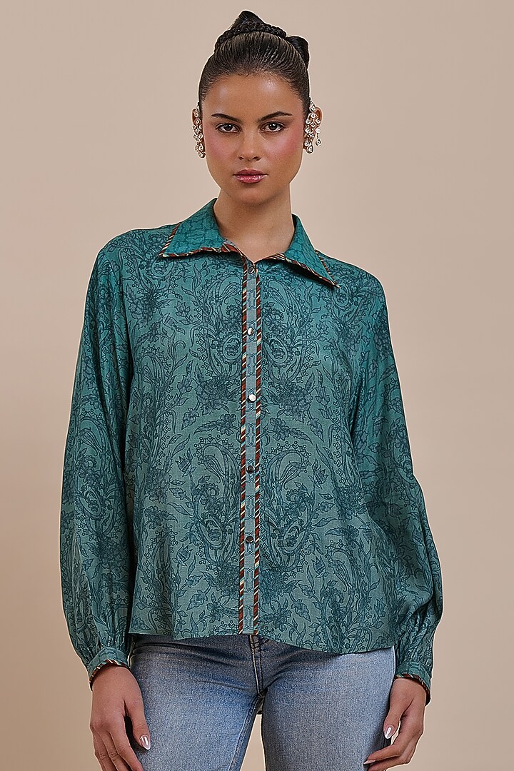 Green Cupro Viscose Printed Top by JJV.Kapurthala By JJ Valaya at Pernia's Pop Up Shop