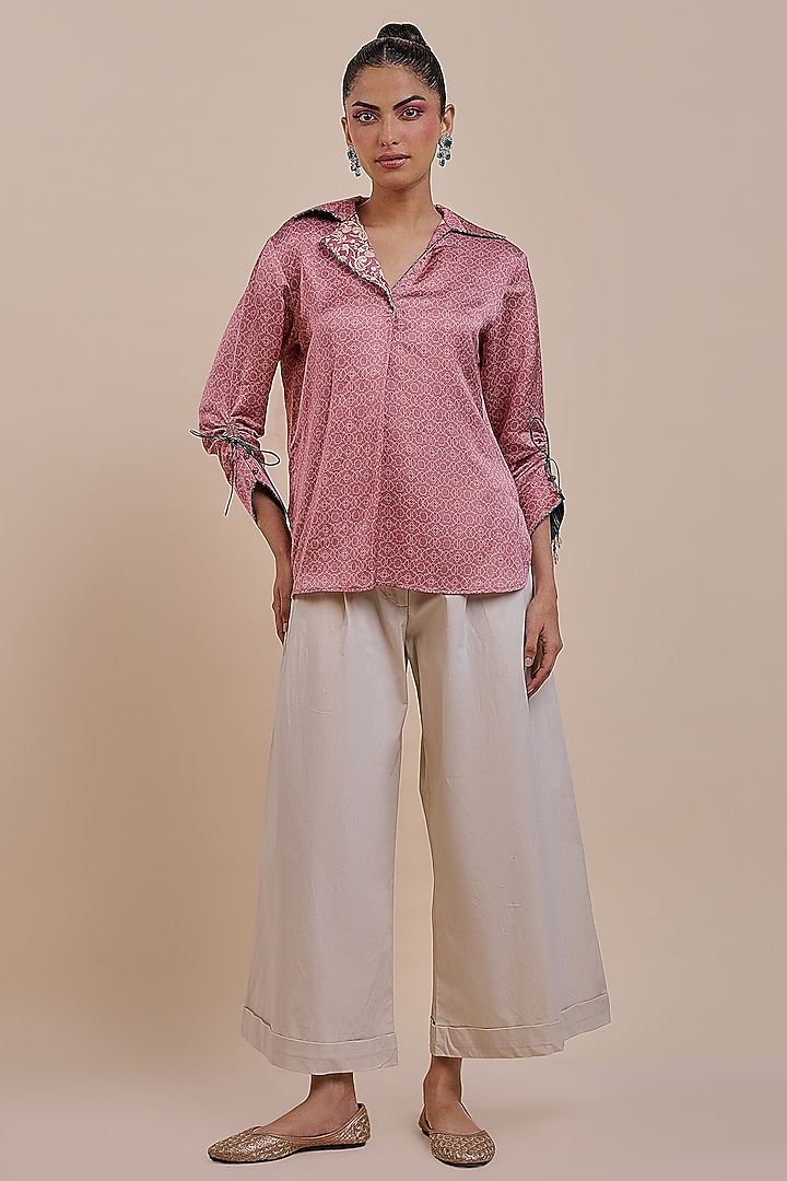 Rose Pink Cotton Satin Linen Printed Top by JJV.Kapurthala By JJ Valaya at Pernia's Pop Up Shop