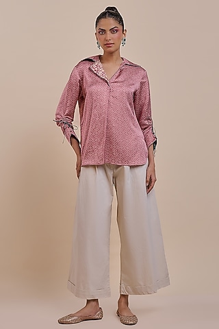 Rose Pink Cotton Satin Linen Printed Top by JJV.Kapurthala By JJ Valaya