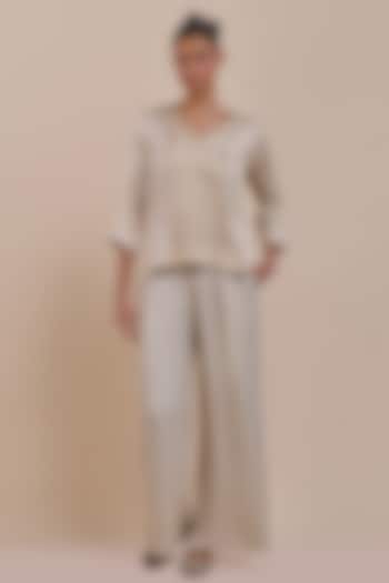 Warm Ivory Cotton Satin Linen Printed Top by JJV.Kapurthala By JJ Valaya at Pernia's Pop Up Shop