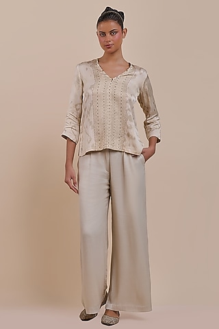 Warm Ivory Cotton Satin Linen Printed Top by JJV.Kapurthala By JJ Valaya