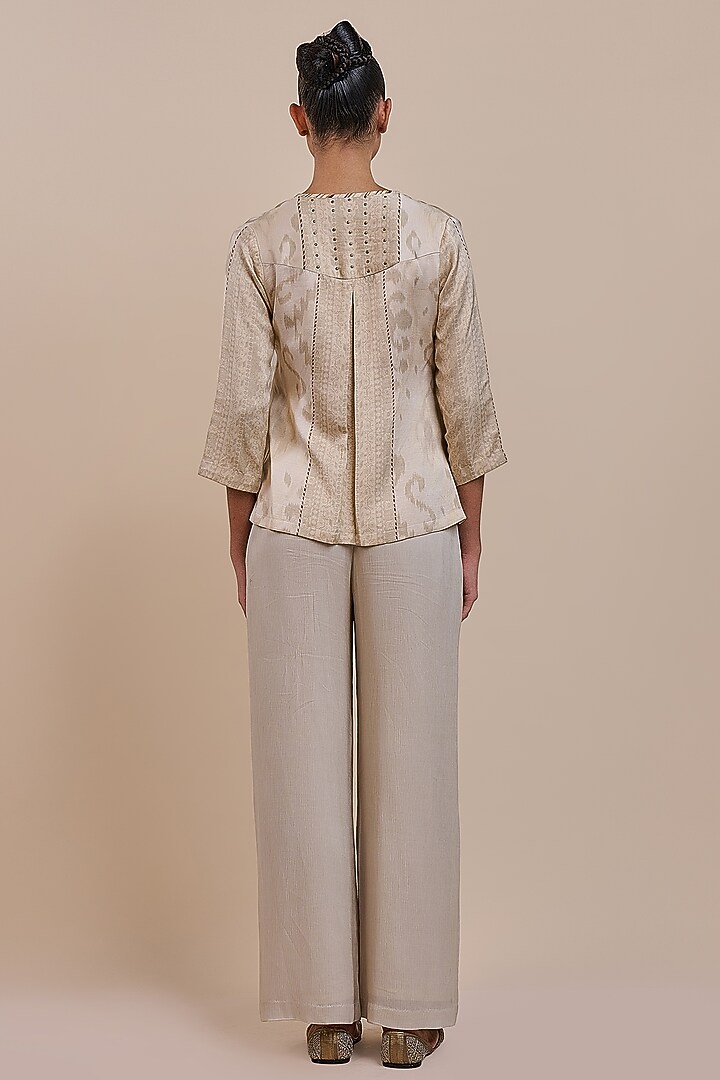 Warm Ivory Cotton Satin Linen Printed Top by JJV.Kapurthala By JJ Valaya at Pernia's Pop Up Shop