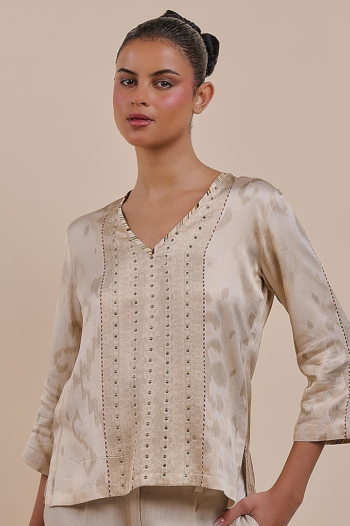 Warm Ivory Cotton Satin Linen Printed Top by JJV.Kapurthala By JJ Valaya at Pernia's Pop Up Shop