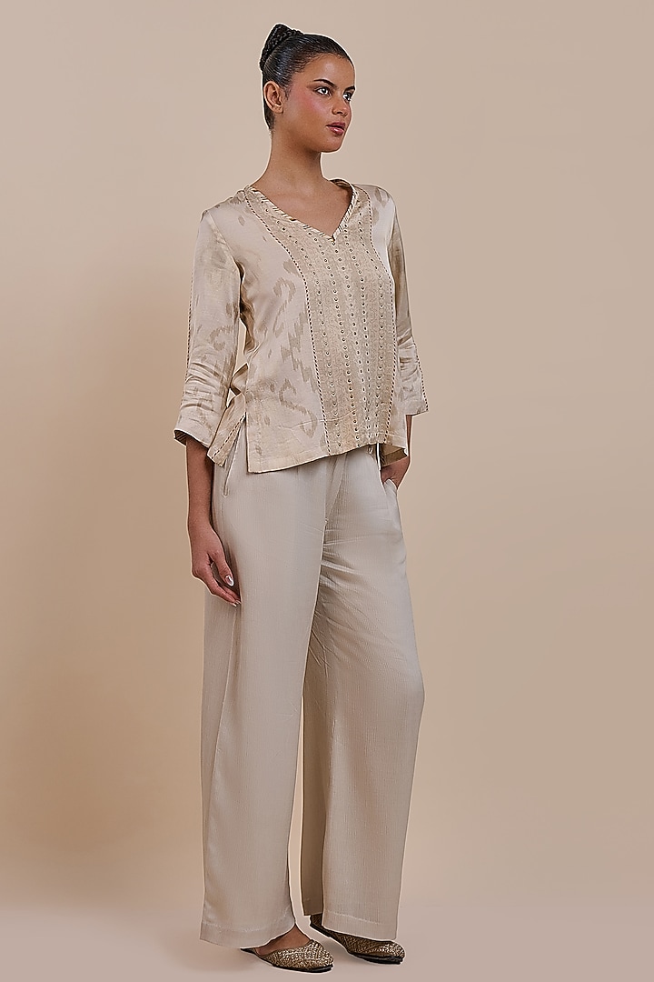 Warm Ivory Cotton Satin Linen Printed Top by JJV.Kapurthala By JJ Valaya at Pernia's Pop Up Shop