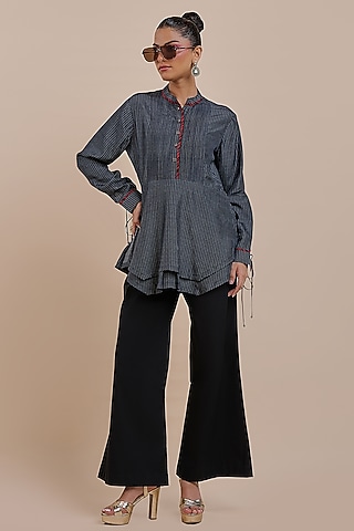 Black Silk Chevron Printed Top by JJV.Kapurthala By JJ Valaya