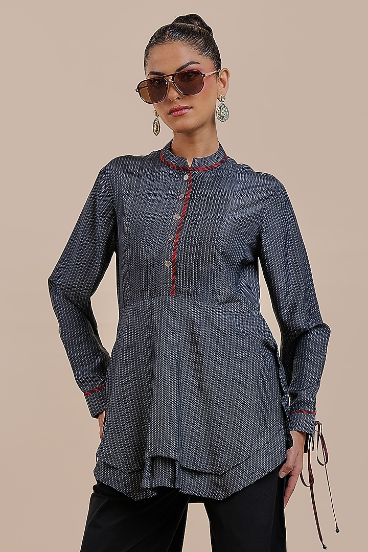 Black Silk Chevron Printed Top by JJV.Kapurthala By JJ Valaya at Pernia's Pop Up Shop