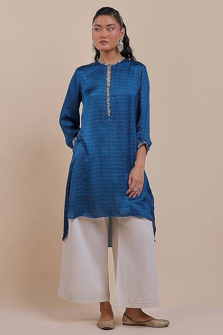 Navy Blue Viscose Modal Satin Beadwork Tunic by JJV.Kapurthala By JJ Valaya at Pernia's Pop Up Shop