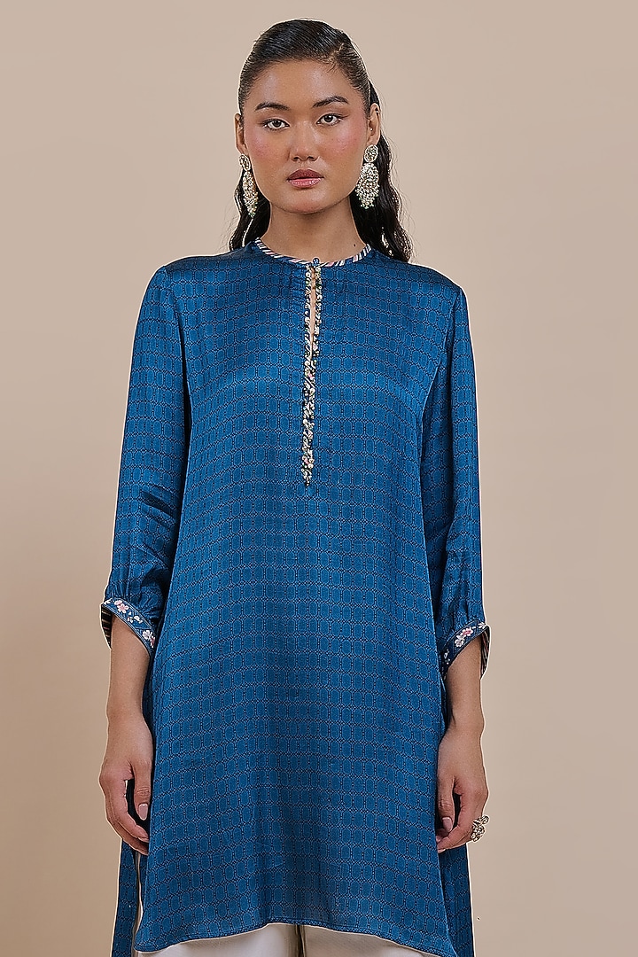 Navy Blue Viscose Modal Satin Beadwork Tunic by JJV.Kapurthala By JJ Valaya at Pernia's Pop Up Shop