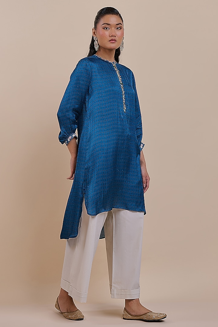 Navy Blue Viscose Modal Satin Beadwork Tunic by JJV.Kapurthala By JJ Valaya at Pernia's Pop Up Shop