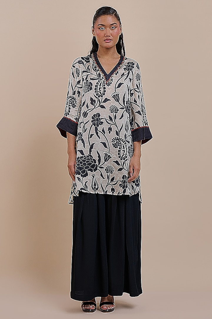 Ivory & Black Viscose Modal Satin Embroidered Tunic by JJV.Kapurthala By JJ Valaya at Pernia's Pop Up Shop