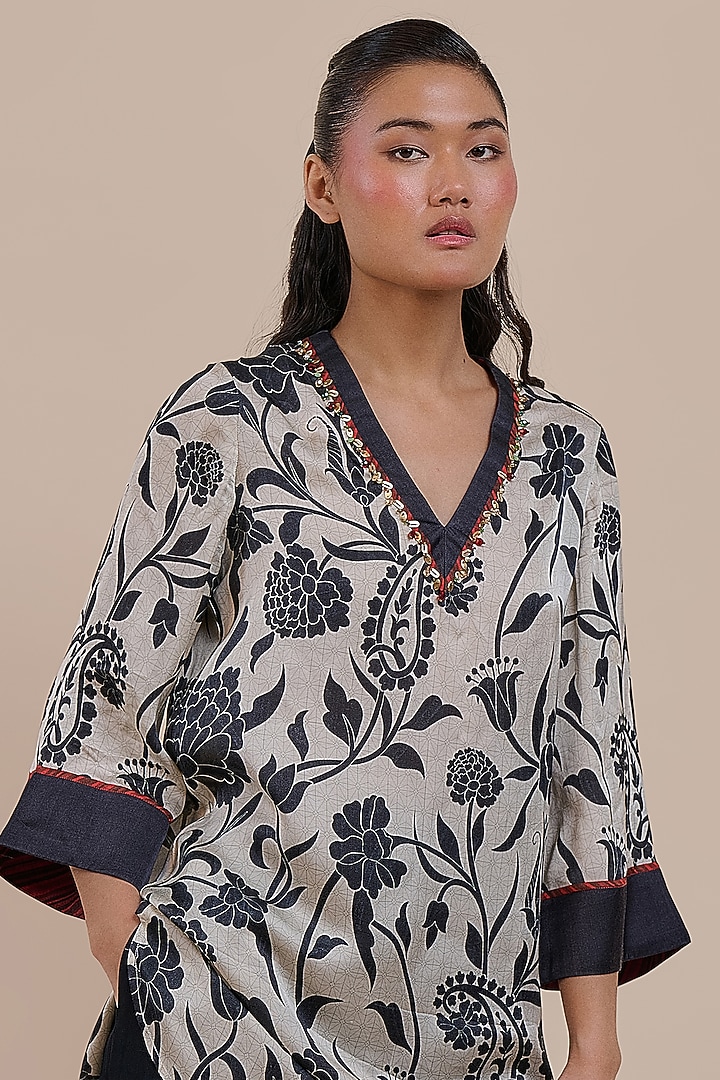 Ivory & Black Viscose Modal Satin Embroidered Tunic by JJV.Kapurthala By JJ Valaya at Pernia's Pop Up Shop