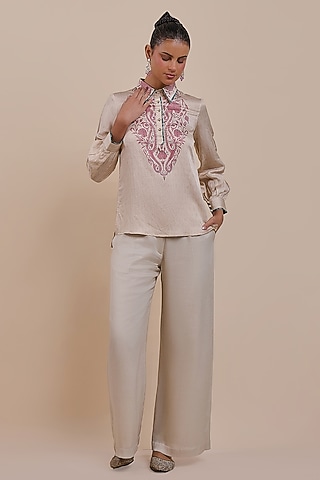 Soft Peach Cotton Satin Linen Tunic by JJV.Kapurthala By JJ Valaya