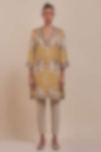 Ochre Yellow Viscose Modal Satin Ikat Printed Tunic by JJV.Kapurthala By JJ Valaya at Pernia's Pop Up Shop