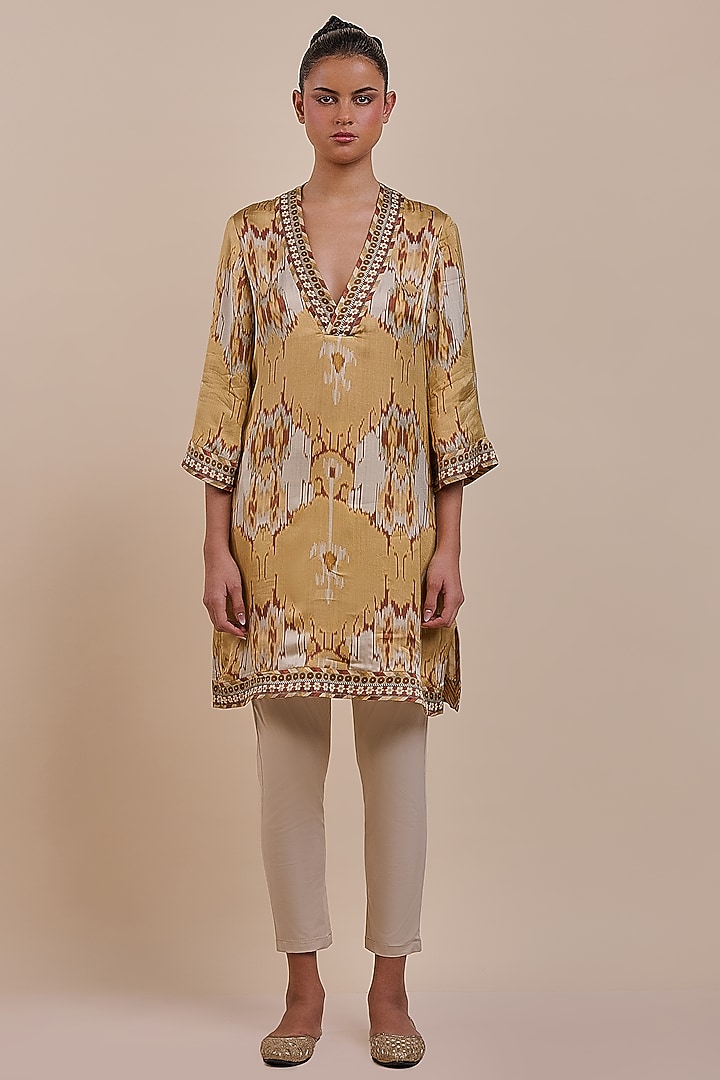 Ochre Yellow Viscose Modal Satin Ikat Printed Tunic by JJV.Kapurthala By JJ Valaya at Pernia's Pop Up Shop