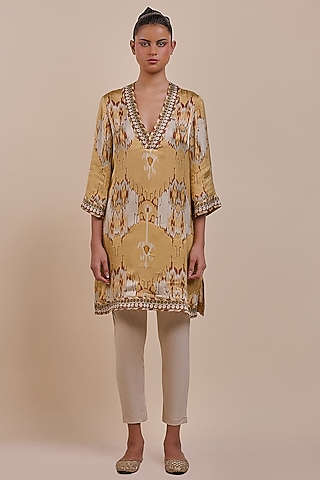 Ochre Yellow Viscose Modal Satin Ikat Printed Tunic by JJV.Kapurthala By JJ Valaya