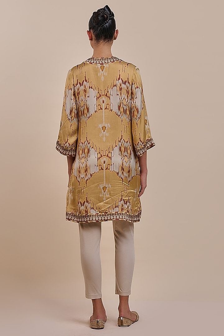 Ochre Yellow Viscose Modal Satin Ikat Printed Tunic by JJV.Kapurthala By JJ Valaya at Pernia's Pop Up Shop