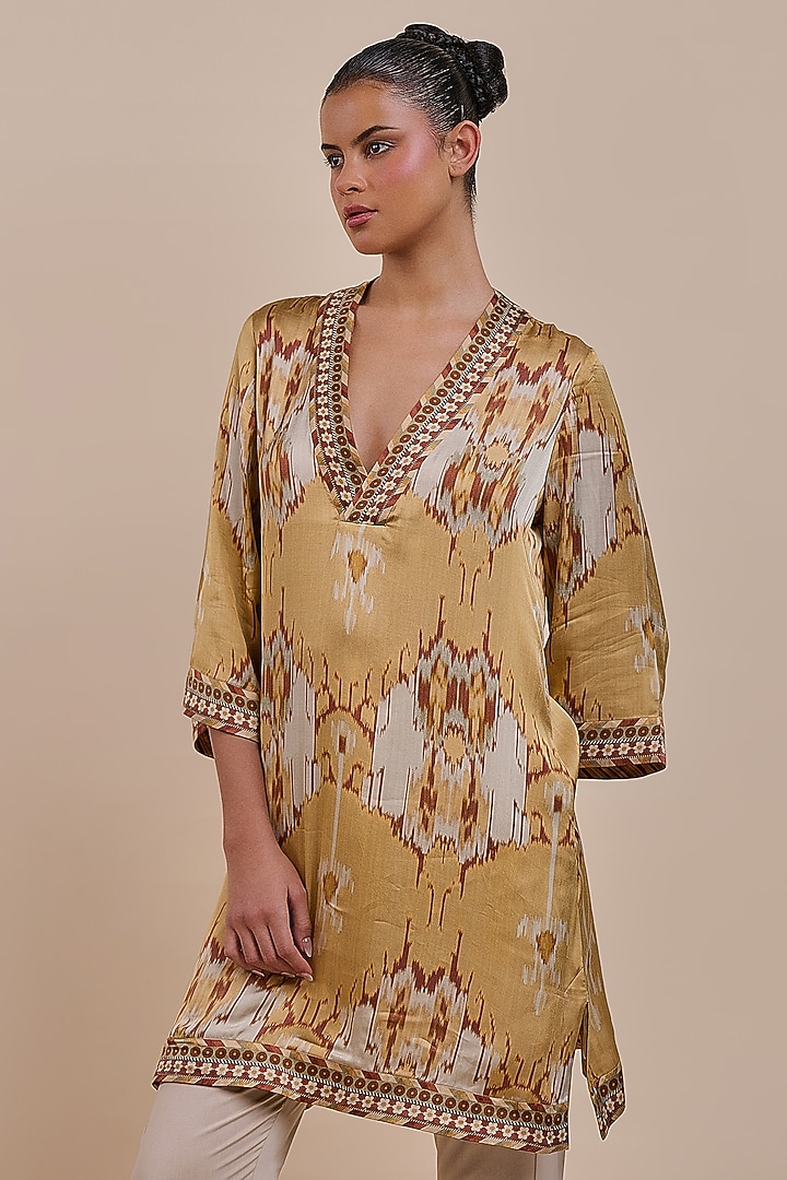 Ochre Yellow Viscose Modal Satin Ikat Printed Tunic by JJV.Kapurthala By JJ Valaya at Pernia's Pop Up Shop