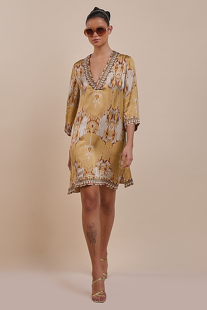 Ochre Yellow Viscose Modal Satin Ikat Printed Tunic by JJV.Kapurthala By JJ Valaya at Pernia's Pop Up Shop