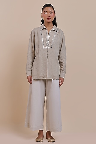 Taupe Linen Mirror Embroidered Tunic by JJV.Kapurthala By JJ Valaya