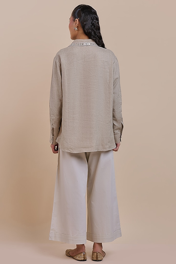 Taupe Linen Mirror Embroidered Tunic by JJV.Kapurthala By JJ Valaya at Pernia's Pop Up Shop