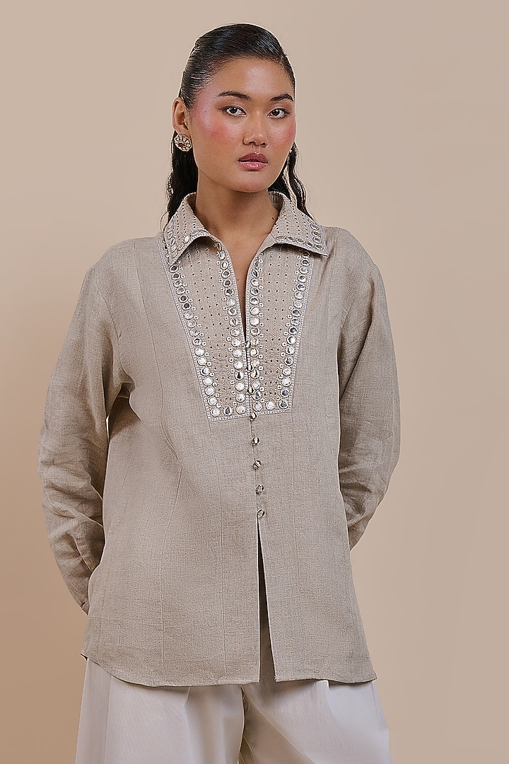 Taupe Linen Mirror Embroidered Tunic by JJV.Kapurthala By JJ Valaya at Pernia's Pop Up Shop