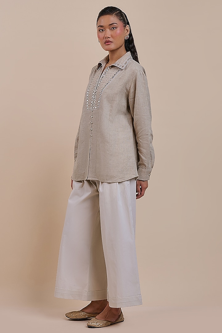 Taupe Linen Mirror Embroidered Tunic by JJV.Kapurthala By JJ Valaya at Pernia's Pop Up Shop