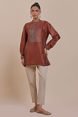 Rust Red Recycled Nylon Embroidered Tunic by JJV.Kapurthala By JJ Valaya