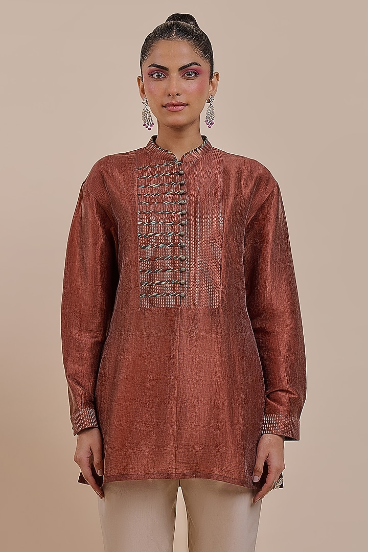 Rust Red Recycled Nylon Embroidered Tunic by JJV.Kapurthala By JJ Valaya at Pernia's Pop Up Shop