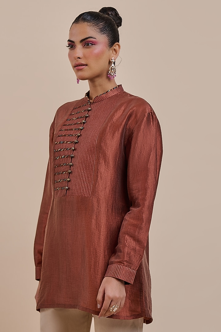 Rust Red Recycled Nylon Embroidered Tunic by JJV.Kapurthala By JJ Valaya at Pernia's Pop Up Shop