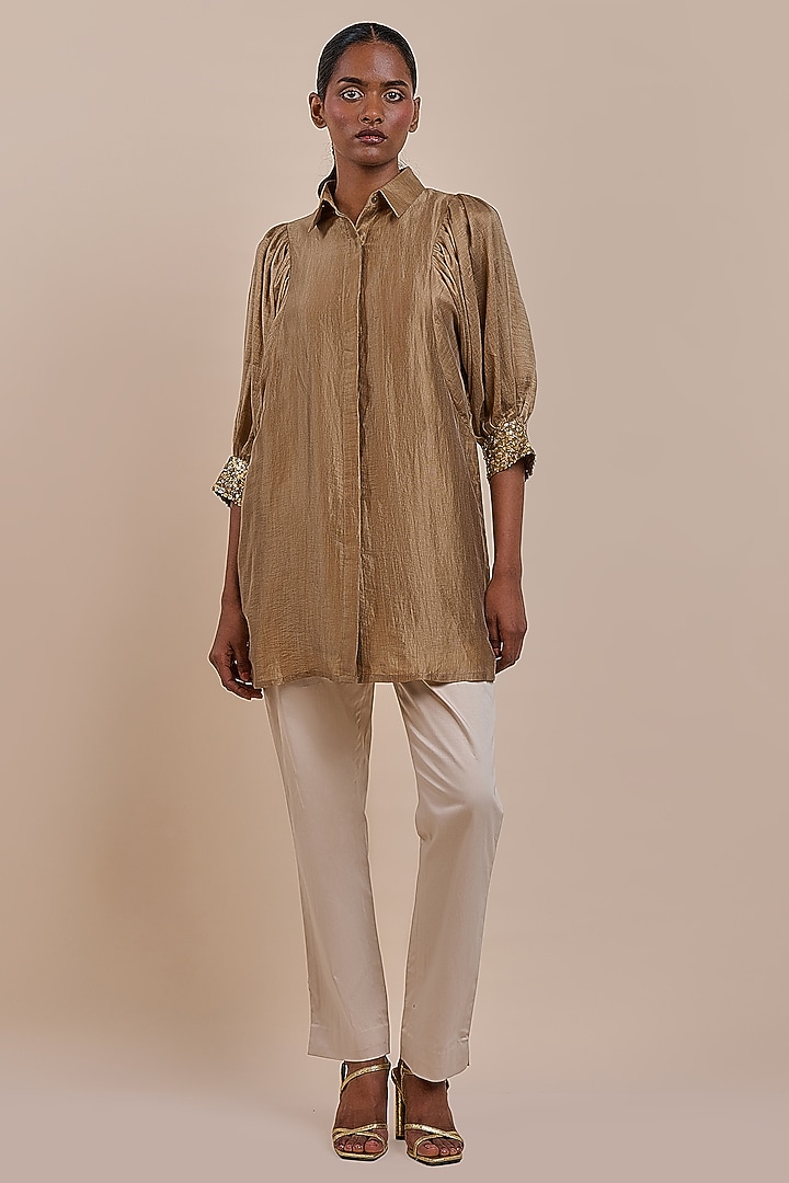 Bronze Beige Recycled Nylon Embroidered Tunic by JJV.Kapurthala By JJ Valaya at Pernia's Pop Up Shop