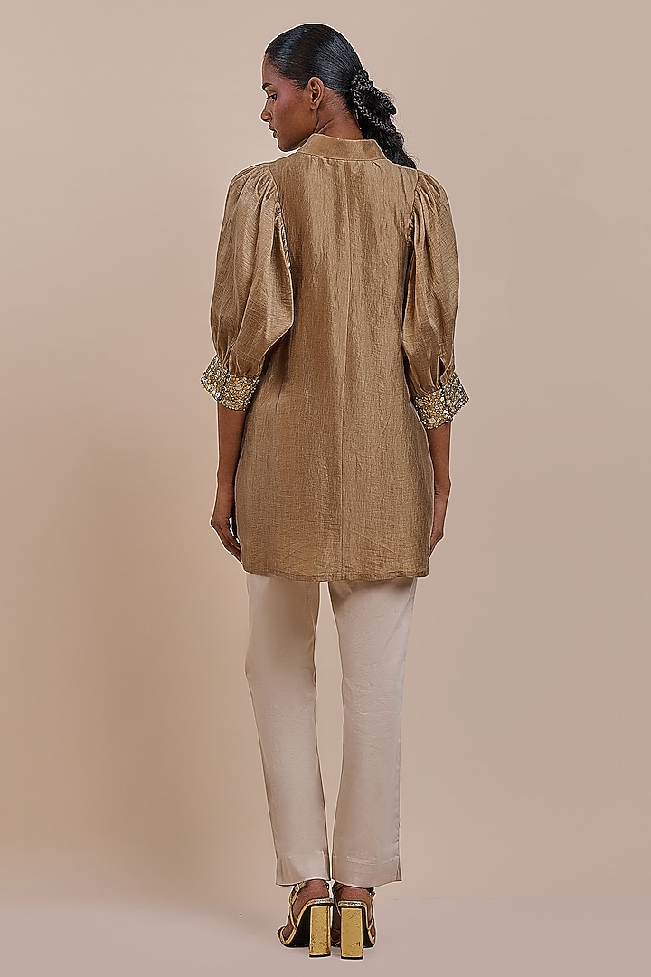 Bronze Beige Recycled Nylon Embroidered Tunic by JJV.Kapurthala By JJ Valaya at Pernia's Pop Up Shop