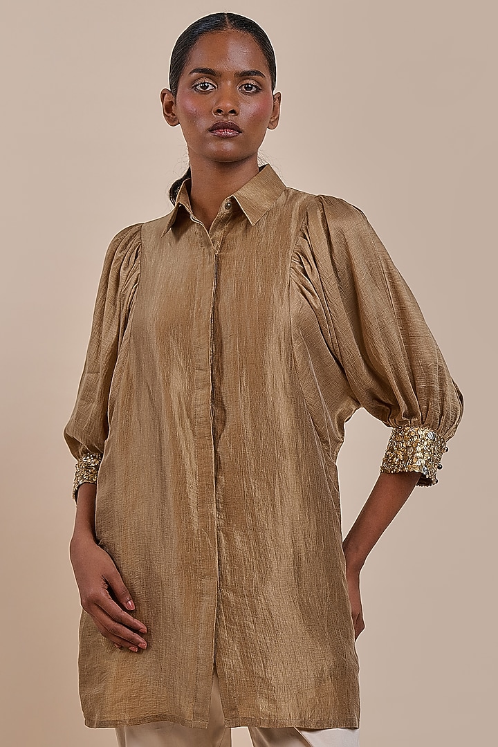 Bronze Beige Recycled Nylon Embroidered Tunic by JJV.Kapurthala By JJ Valaya at Pernia's Pop Up Shop