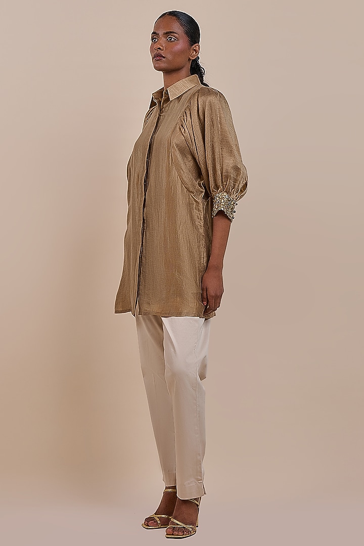 Bronze Beige Recycled Nylon Embroidered Tunic by JJV.Kapurthala By JJ Valaya at Pernia's Pop Up Shop