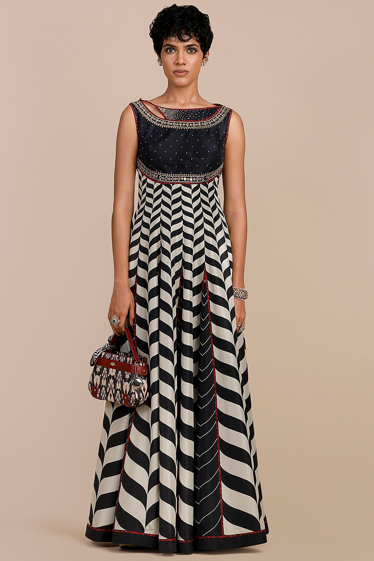 JJV.Kapurthala By JJ Valaya Black & Ivory Habutai Silk Chevron Printed Anarkali