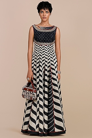 Black & Ivory Habutai Silk Chevron Printed Anarkali by JJV.Kapurthala By JJ Valaya