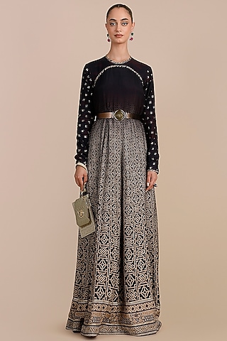 Deep Violet Ombre Cupro Viscose Oriental Printed Anarkali by JJV.Kapurthala By JJ Valaya