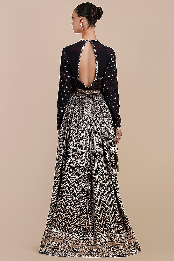 Deep Violet Ombre Cupro Viscose Oriental Printed Wedding Anarkali by JJV.Kapurthala By JJ Valaya at Pernia's Pop Up Shop