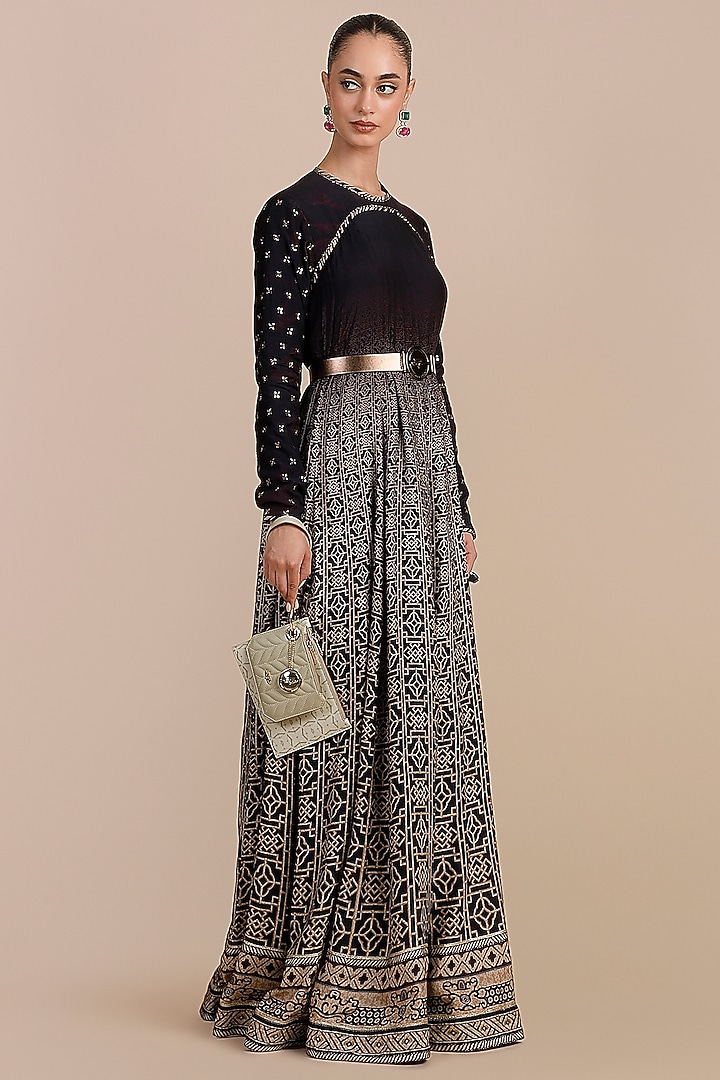 Deep Violet Ombre Cupro Viscose Oriental Printed Wedding Anarkali by JJV.Kapurthala By JJ Valaya at Pernia's Pop Up Shop