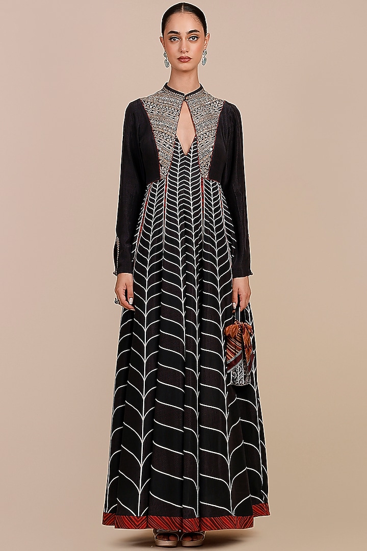 Black Habutai Silk Chevron Printed Bridal Anarkali by JJV.Kapurthala By JJ Valaya at Pernia's Pop Up Shop