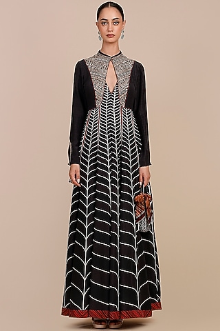 Black Habutai Silk Chevron Printed Anarkali by JJV.Kapurthala By JJ Valaya