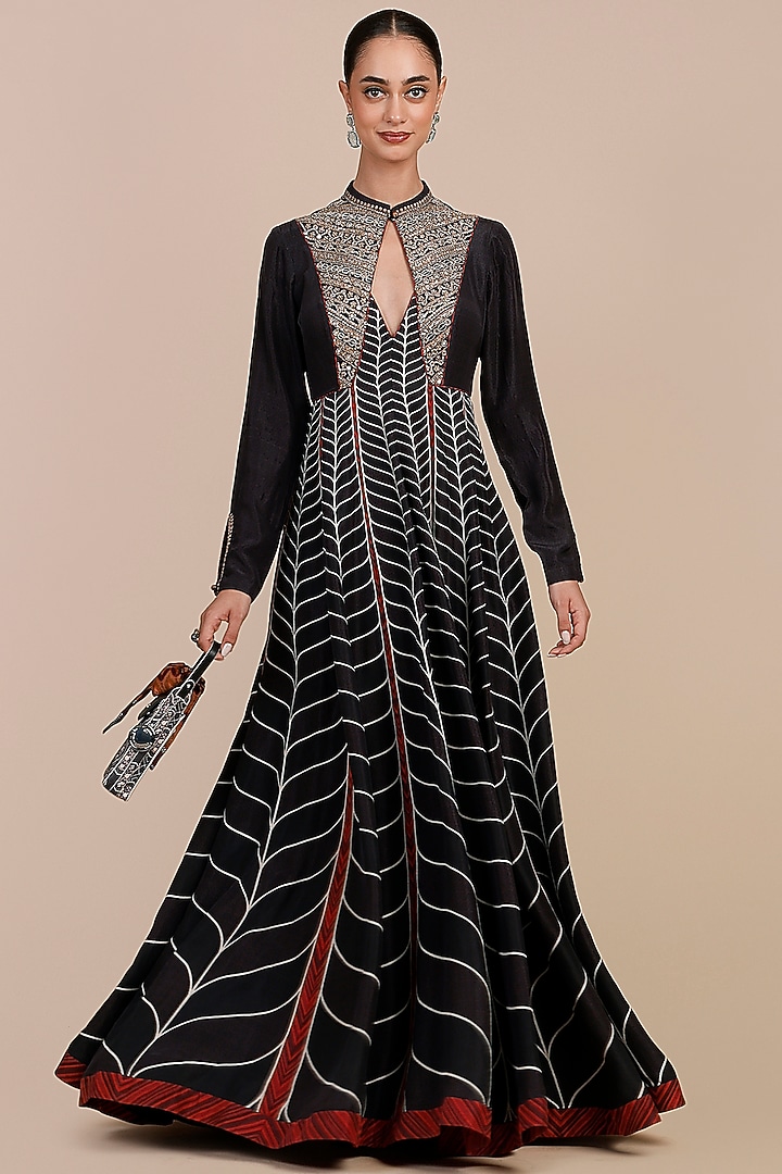 Black Habutai Silk Chevron Printed Bridal Anarkali by JJV.Kapurthala By JJ Valaya at Pernia's Pop Up Shop