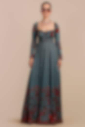 Cerulean Blue Cotton Satin Linen Embellished Wedding Anarkali by JJV.Kapurthala By JJ Valaya at Pernia's Pop Up Shop