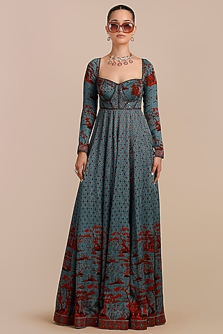 Cerulean Blue Cotton Satin Linen Embellished Anarkali by JJV.Kapurthala By JJ Valaya