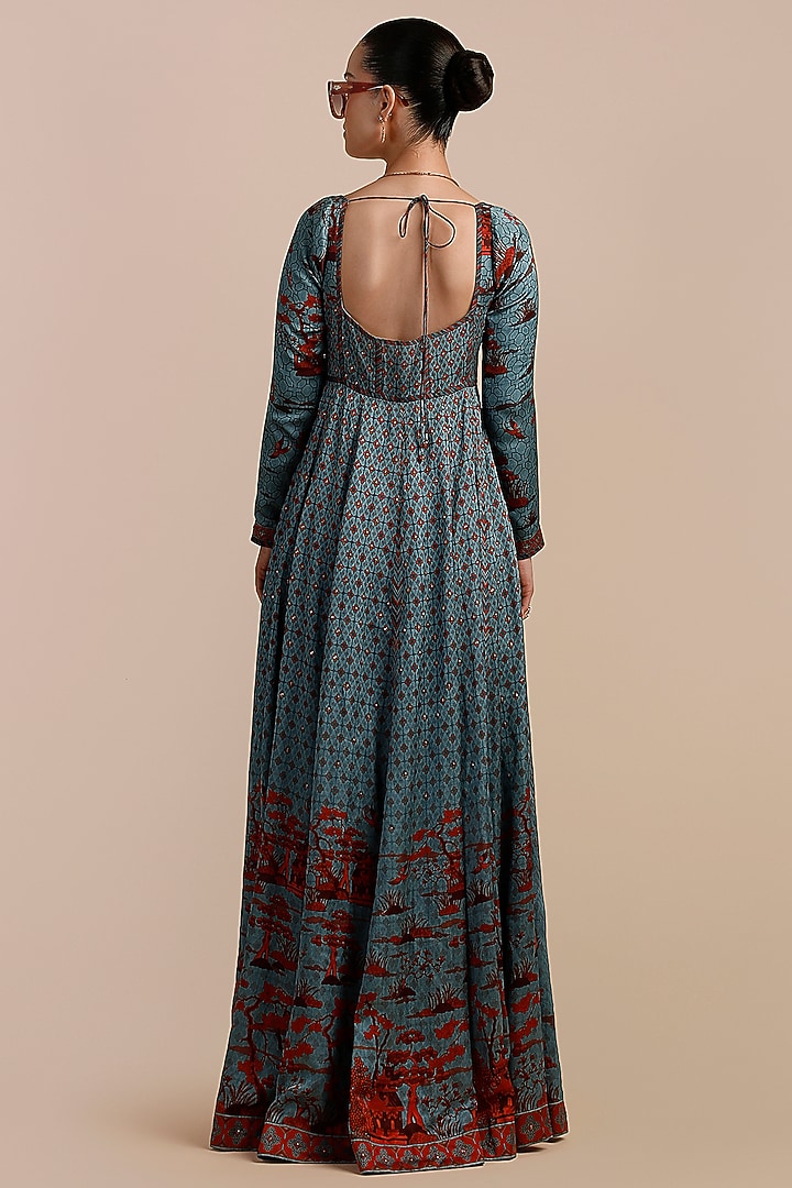Cerulean Blue Cotton Satin Linen Embellished Wedding Anarkali by JJV.Kapurthala By JJ Valaya at Pernia's Pop Up Shop