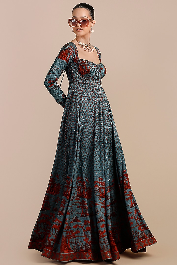 Cerulean Blue Cotton Satin Linen Embellished Wedding Anarkali by JJV.Kapurthala By JJ Valaya at Pernia's Pop Up Shop