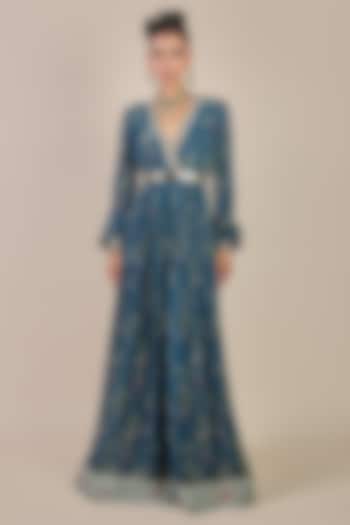 Prussian Blue Viscose Georgette Floral Printed Maxi Party Wear Dress by JJV.Kapurthala By JJ Valaya Men at Pernia's Pop Up Shop
