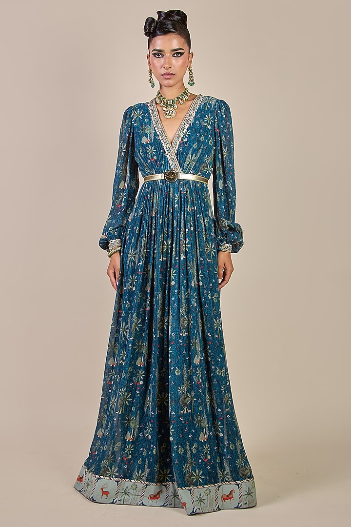 Prussian Blue Viscose Georgette Floral Printed Maxi Party Wear Dress by JJV.Kapurthala By JJ Valaya Men at Pernia's Pop Up Shop